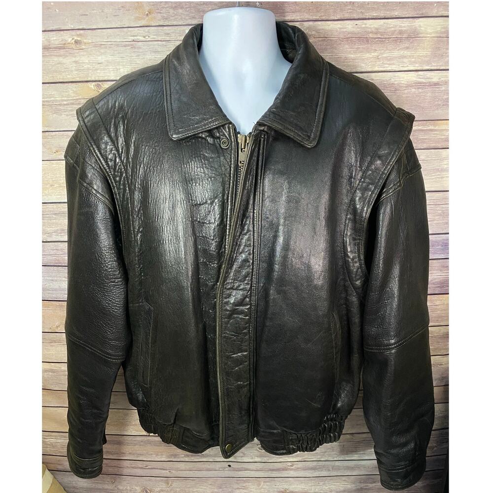 VTG Midway Biker Jacket Size L Black Brown Leather Full Zip Lining